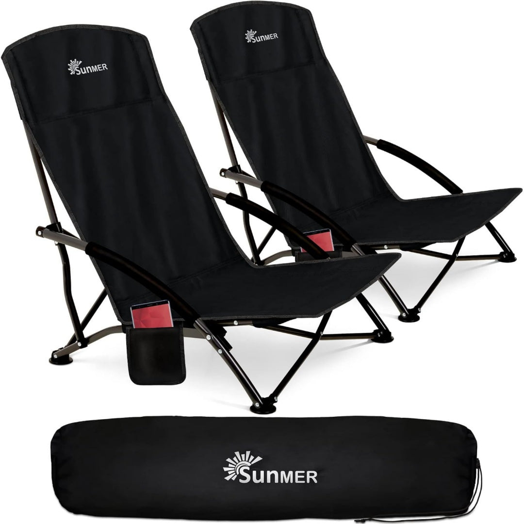 Strandkorb mit Seitentasche und Tragetasche Schwarz zusammenklappbar niedriger Campingstuhl nj0361999