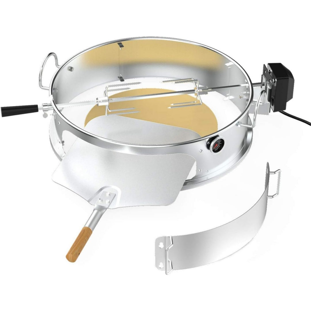 PizzaRing Kit mit Drehspiess fuer 57cm Kugelgrill Komplettpaket Pizzaofen Umbausatz (incl. Pizzastein Rot edelstahl Pizza Schaufel) und Rotisserie zu3540283