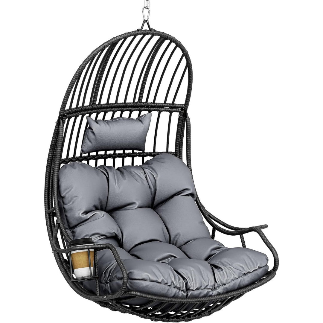Haengesessel Eierschaukel 150 kg Belastbarkeit Grau rattan Schaukelsessel mit Kissen Getraenkehalter Haengekorbstuhl fuer Garten iu4974006