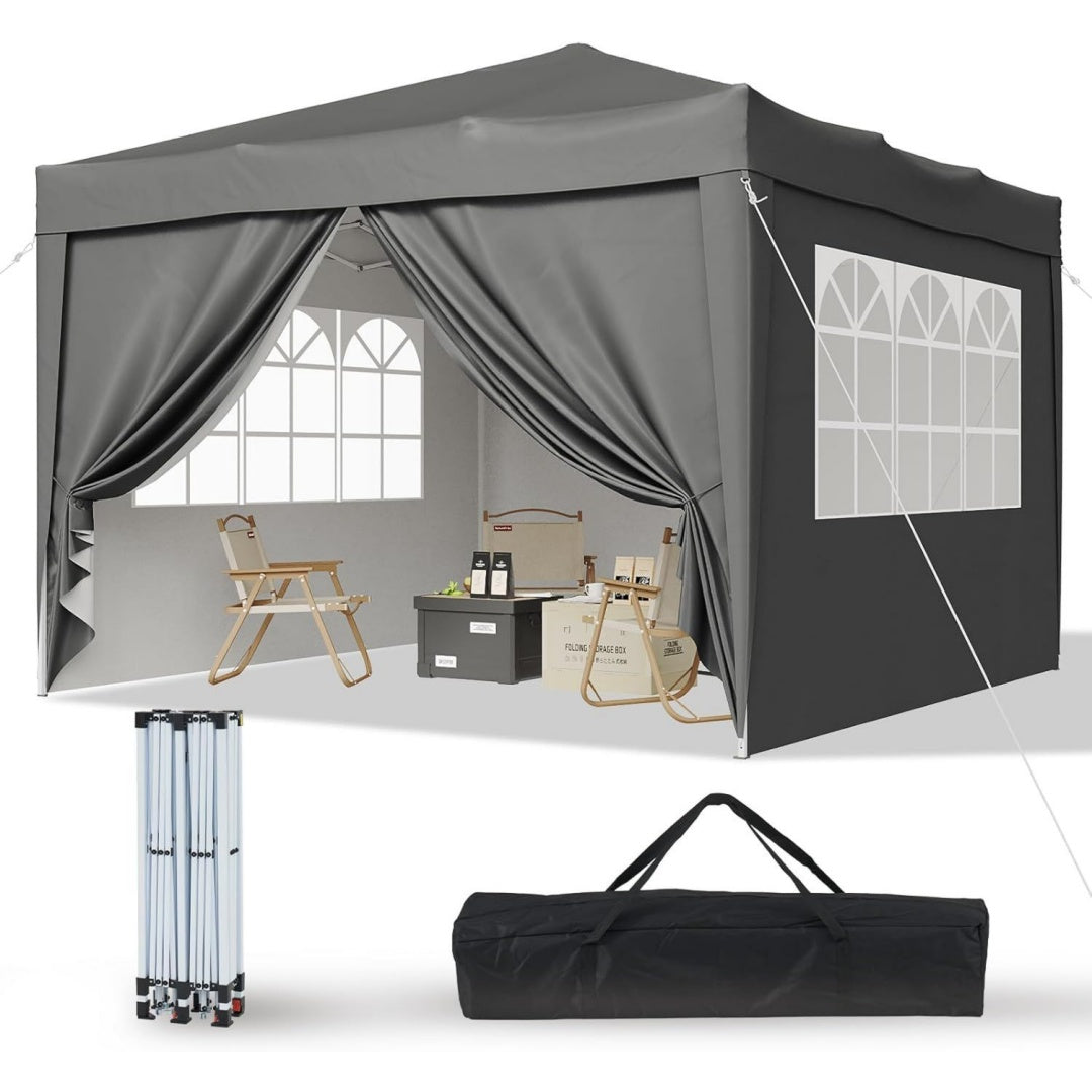 Pop Up Pavillon Wasserdicht mit 4 Seitenwaenden Grau 3x3 Metallrahmen-Schutzzelt Hoehe Verstellbar dr7121232