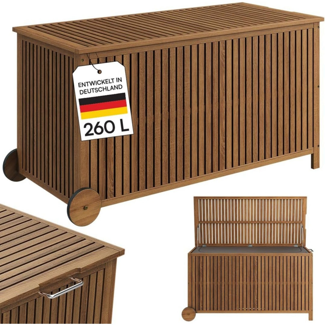 Alkes Aufbewahrungsbox 114x52x59 cm mit 2 Raedern Gartenbox geoeltes Akazienholz kj3264172