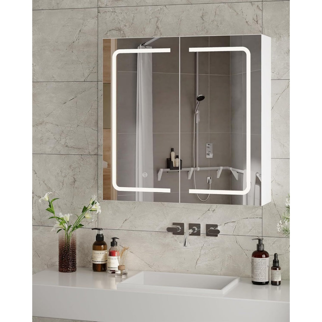 Spiegelschrank Bad mit Beleuchtung Weiß 65 x 65 x 17cm 2 Tueren Badezimmer Spiegelschrank mit Verstellbaren Ablagen ro6702789
