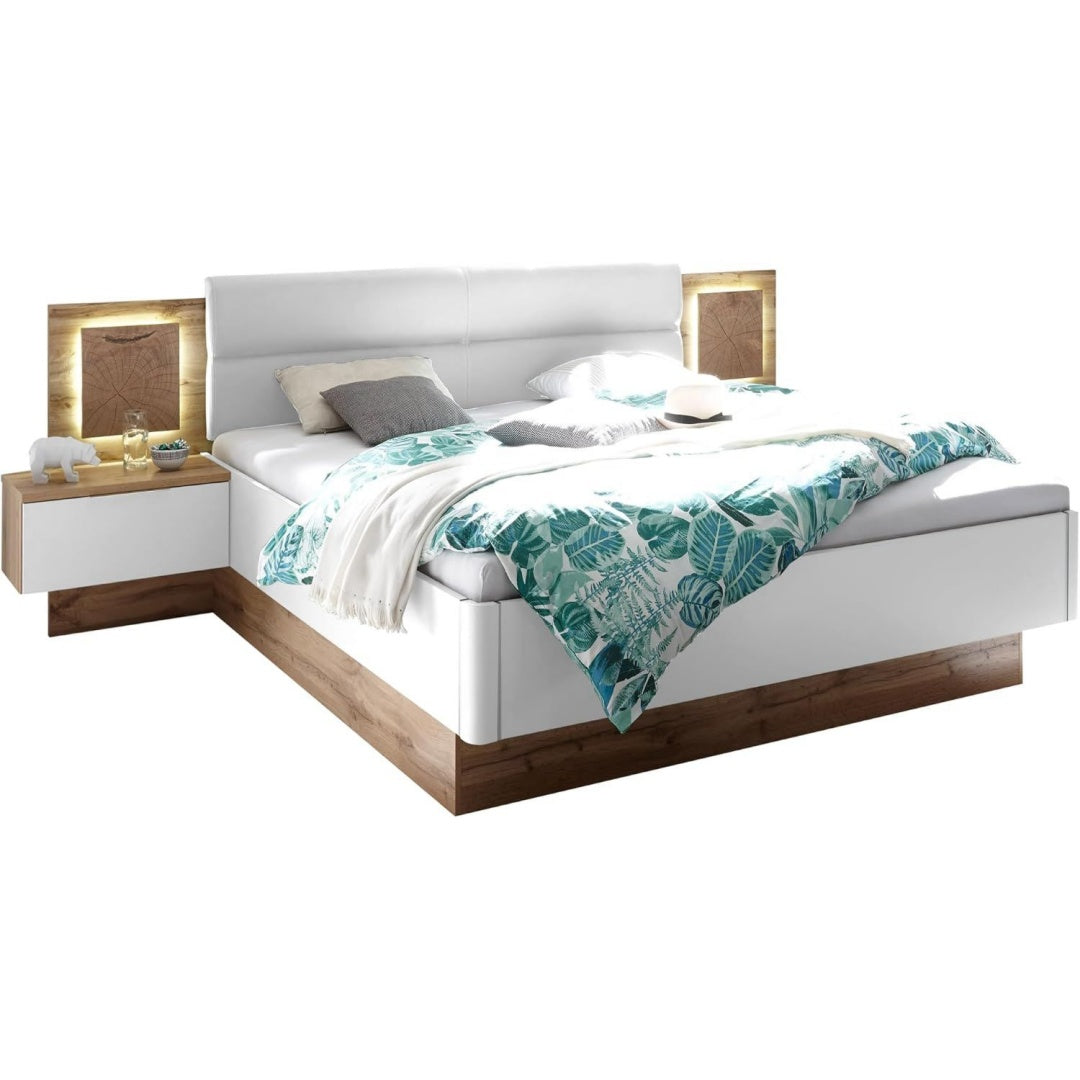 Capri Stilvolle Doppelbett Bettanlage mit LED-Beleuchtung - Schlafzimmer Komplett-Set in Wildeiche-Optik Weiß 180 x 200 cm - (B/H/T jb7347732