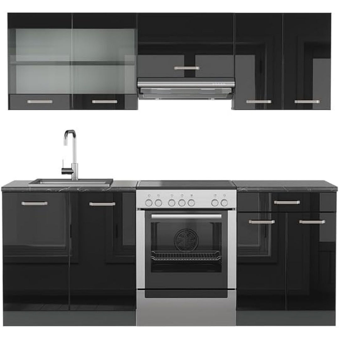 Kuechenzeile Schwarz anthrazit 200 cm 5 Module Hoehenverstellbare Fuesse Ohne Arbeitsplatte Robuste Fronten Mit Glasschrank Frei kombinierbar mc8300739