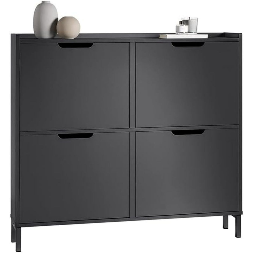 Schuhschrank Schmal mit 4 Klappen - Platzsparender Schuhkipper fuer Kleine Wohnungen Schwarz 100x91x19cm Enge Flure Durchgaenge Flurschrank fuer so3899651