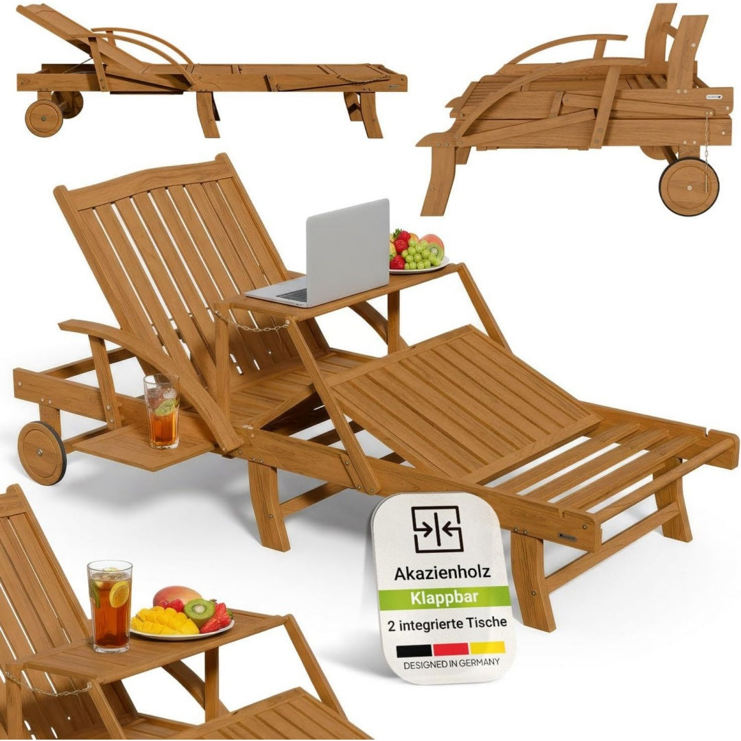 Sonnenliege SunScape - natur 196x73x30 cm Akazie mit verstellbarem Tisch Beinablage Stabil Langlebig dp3579667