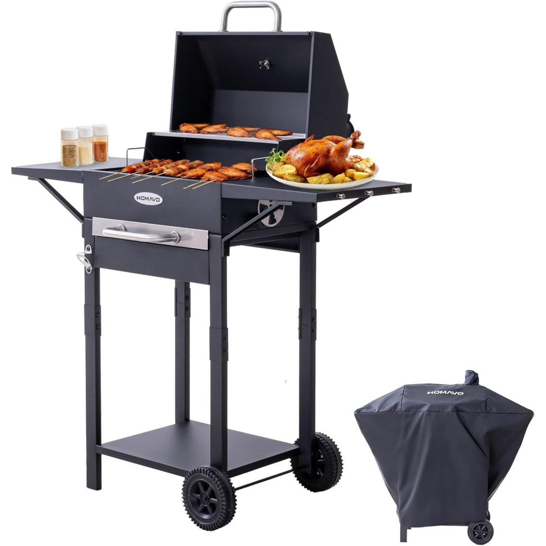 Holzkohlegrill mit Deckel und Abdeckhaube 2-in-1 Stand- Tischgrill Kompakter Balkon Grillwagen ig6738245