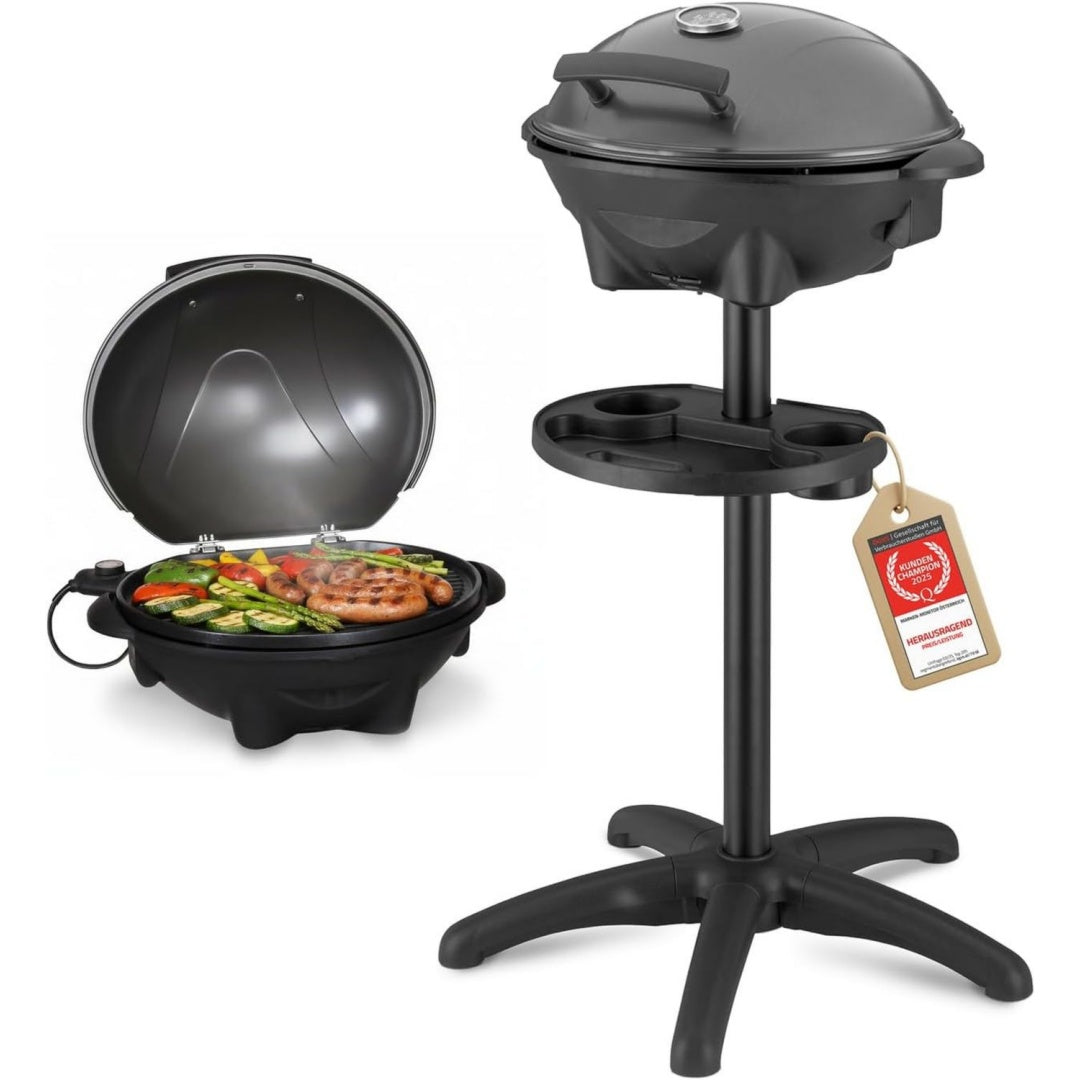 First Austria - Elektrogrill 2 in 1 Tischgrill Standgrill - Elektrischer Grill mit Standfuss fuer Balkon Terrasse mit Deckel Ablage db1665028