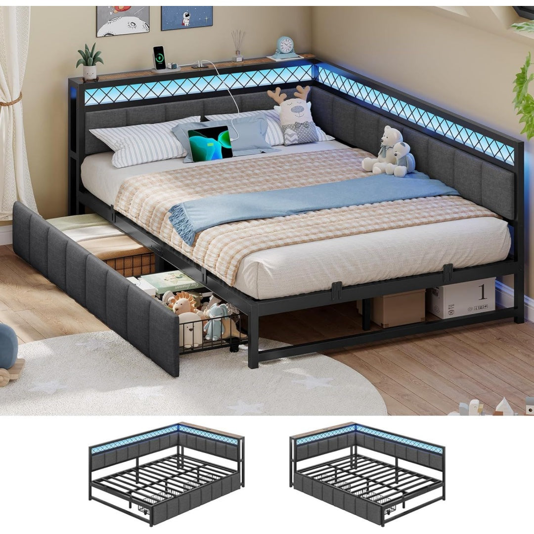 Polsterbett Schlafsofa mit USB-Steckdosen und LED-Beleuchtung Jugendbett mit 2 Schubladen Grau 140x200 Tagesbett Gaestebett Bettgestell mit gx5167326