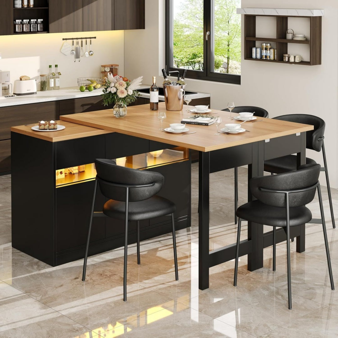 Ausziehbarer Bartisch mit LED-Beleuchtung und 360 Drehfunktion Grau Laengenverstellbar 120-180cm Moderner Kuecheninsel Tisch mit Stauraum fj2210201