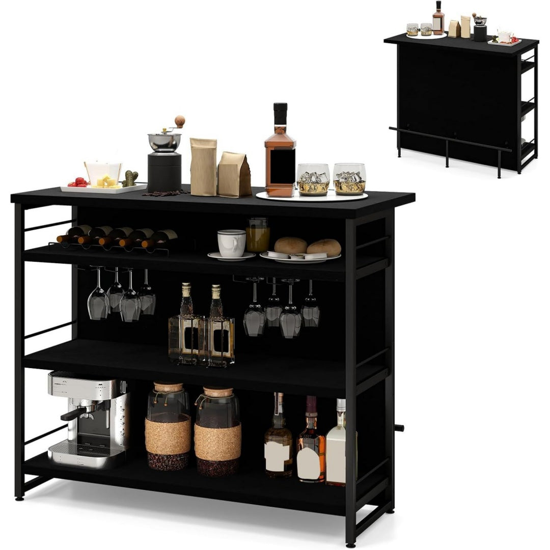 Hausbar Theke Bar Schwarz 120 x 60 x 101 cm Barschrank mit 4 offenen Ablagen Bartisch Kuechen Tresentisch mit Weinregal Glaeserhalter av9532906