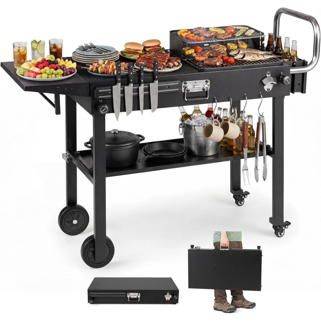 Grillwagen Outdoor 118 x 43 x 88 cm Grilltisch klappbar Pizzatisch mit Seitentisch Servierwagen Metall mit Rollen ar1617081