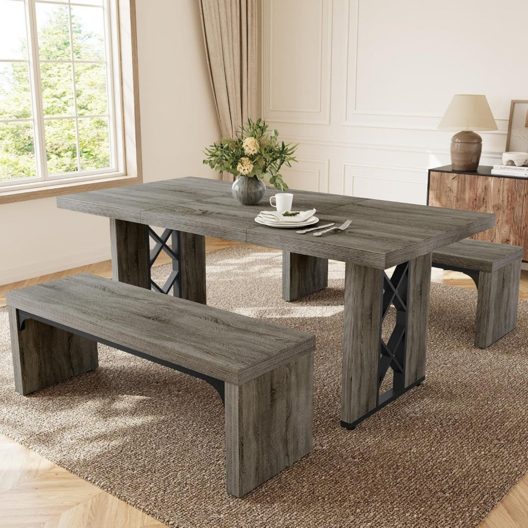 Esstisch mit 2 Baenken 180 cm MDF-Tischplatte Unter dem Tisch verstaubar ex0012164